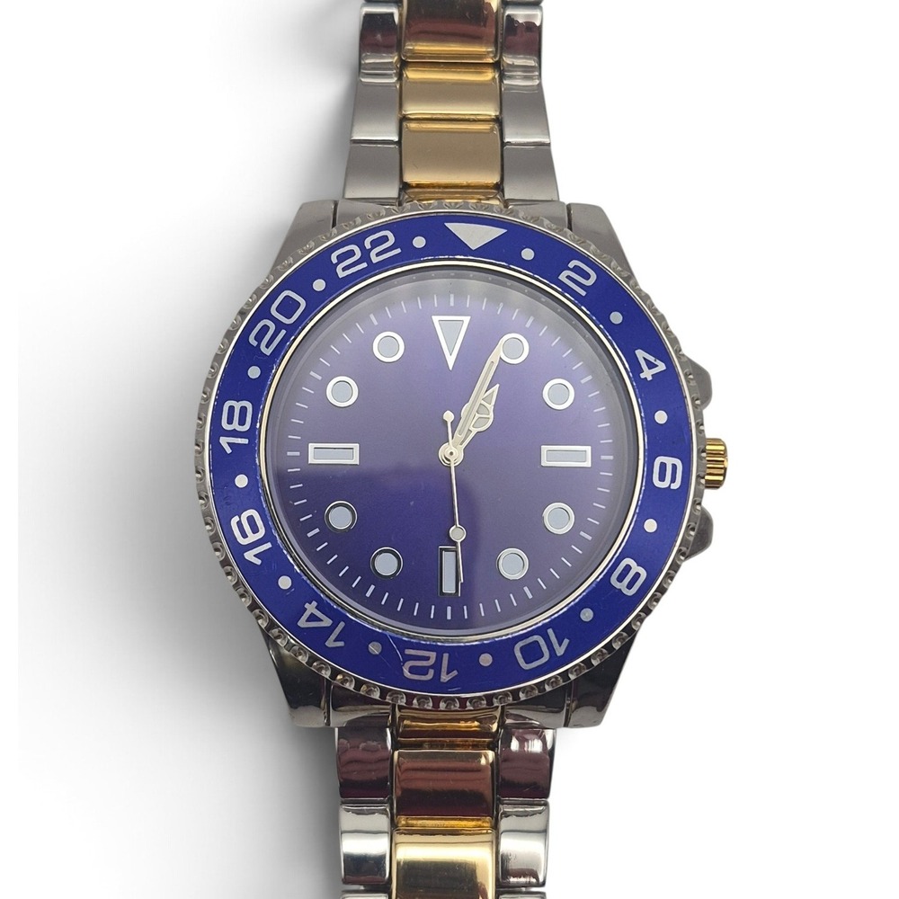 Unbranded Diver Watch Mens OS Blue Gold Silver NWOT GMT Style Bezel 8114A